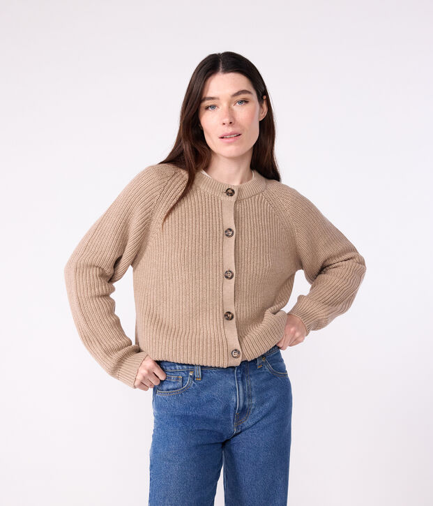 C&aacute;rdigan liso de lana y algod&oacute;n para mujer marron