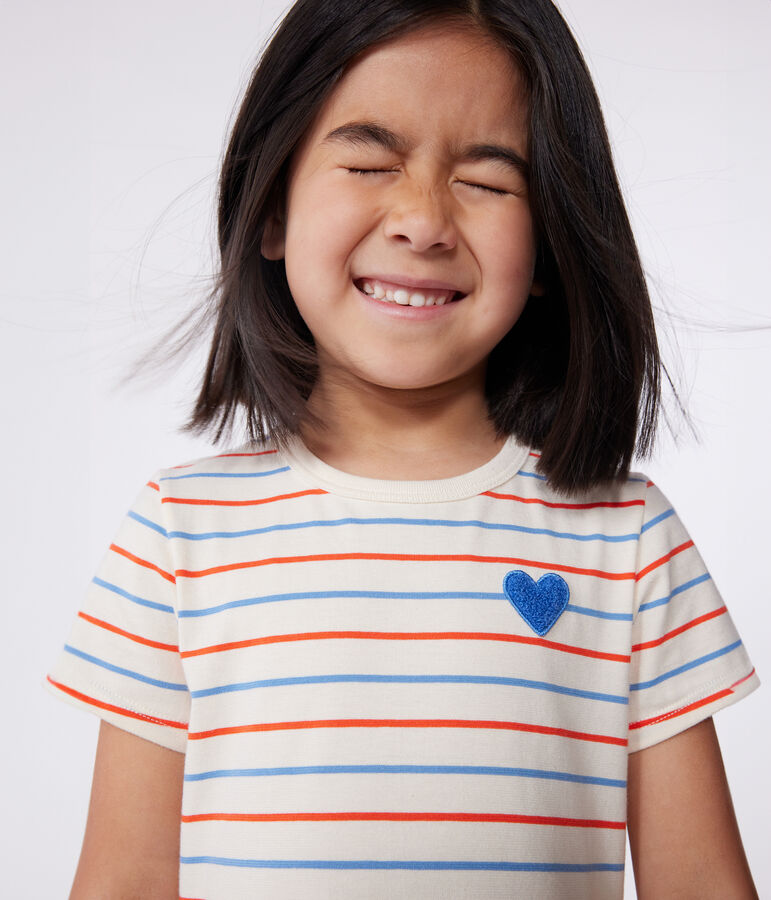 Vestido infantil de algod&oacute;n de manga corta con rayas y coraz&oacute;n blanco AVALANCHE/ MULTICO