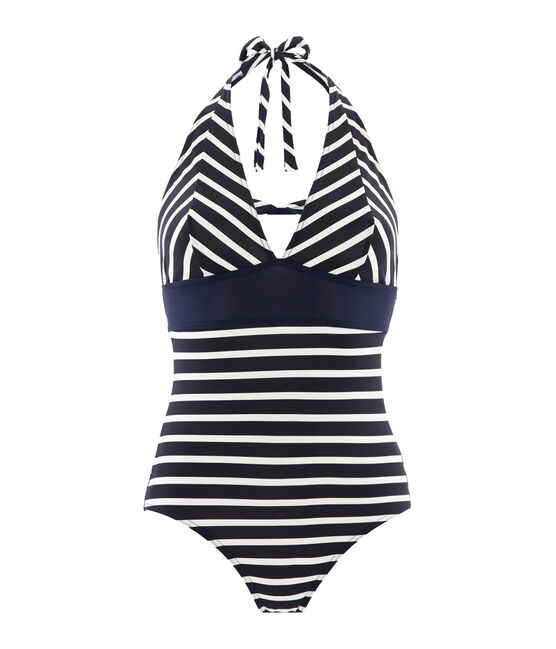 Traje de baño 1 pieza para mujer azul ABYSSE/blanco MARSHMALLOW