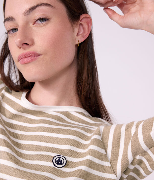 Marinera de algod&oacute;n de manga larga para mujer beige/blanco