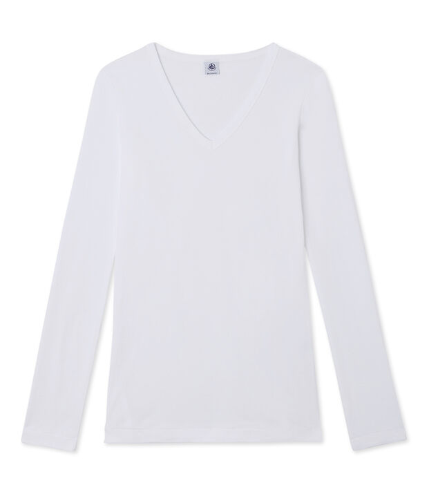 Camiseta de manga larga para mujer con cuello V blanco
