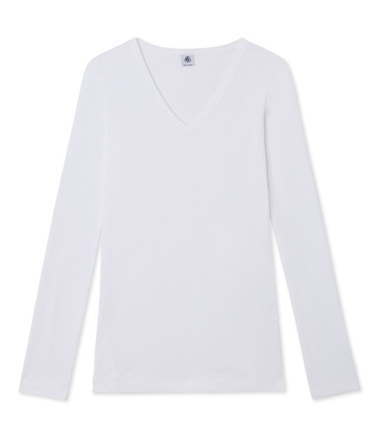 Camiseta de manga larga para mujer con cuello V blanco ECUME