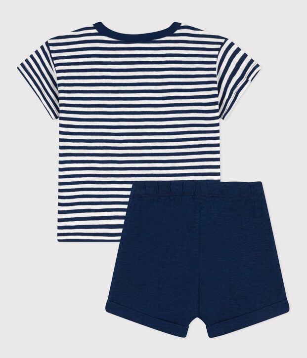 Conjunto de punto flameado y algod&oacute;n para beb&eacute; azul/blanco