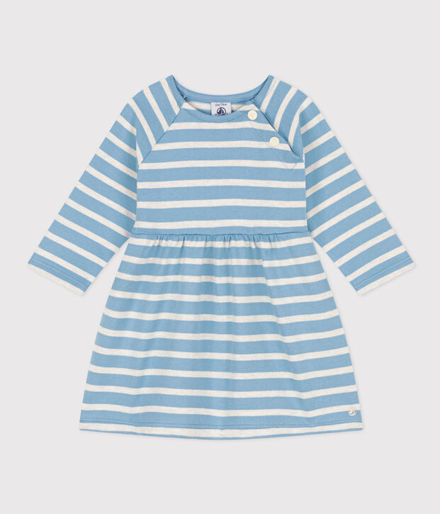 Vestido de manga larga de punto jersey grueso a rayas para beb&eacute; azul/beige