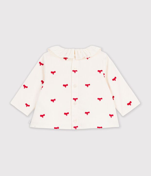 Blusa de terciopelo bordado con estampado de lazos para beb&eacute; crudo/rojo