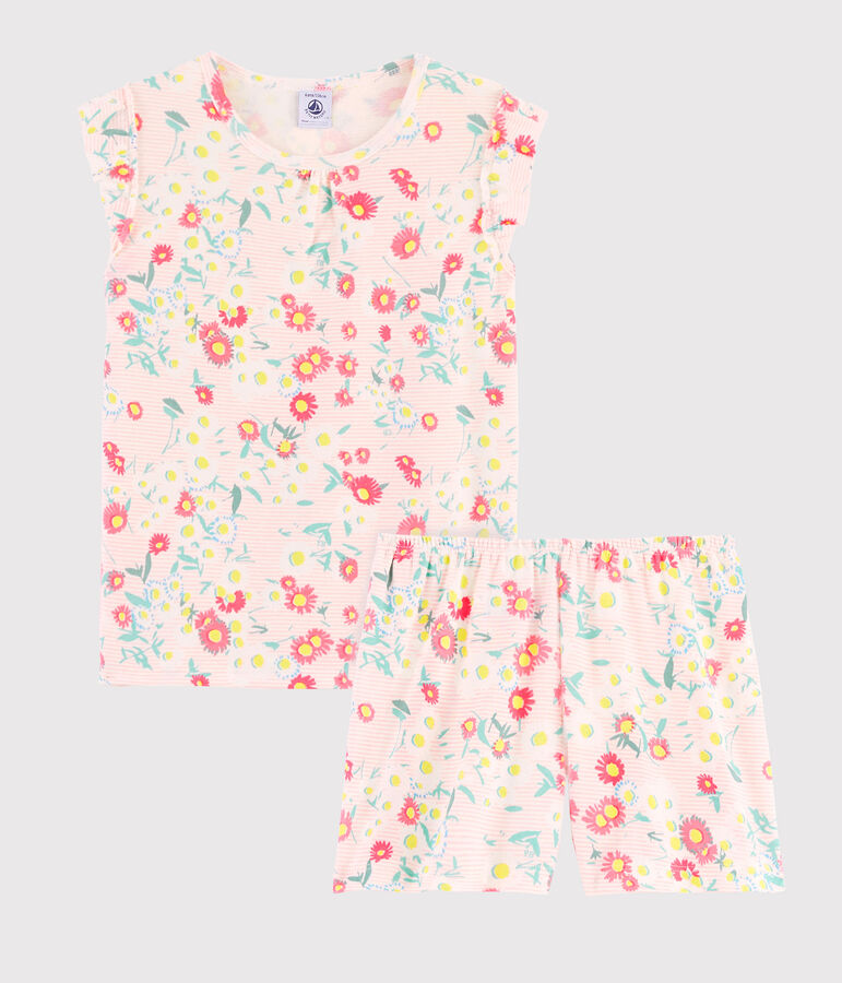 Pijama corto de flores para ni&ntilde;a de punto blanco MARSHMALLOW/blanco MULTICO