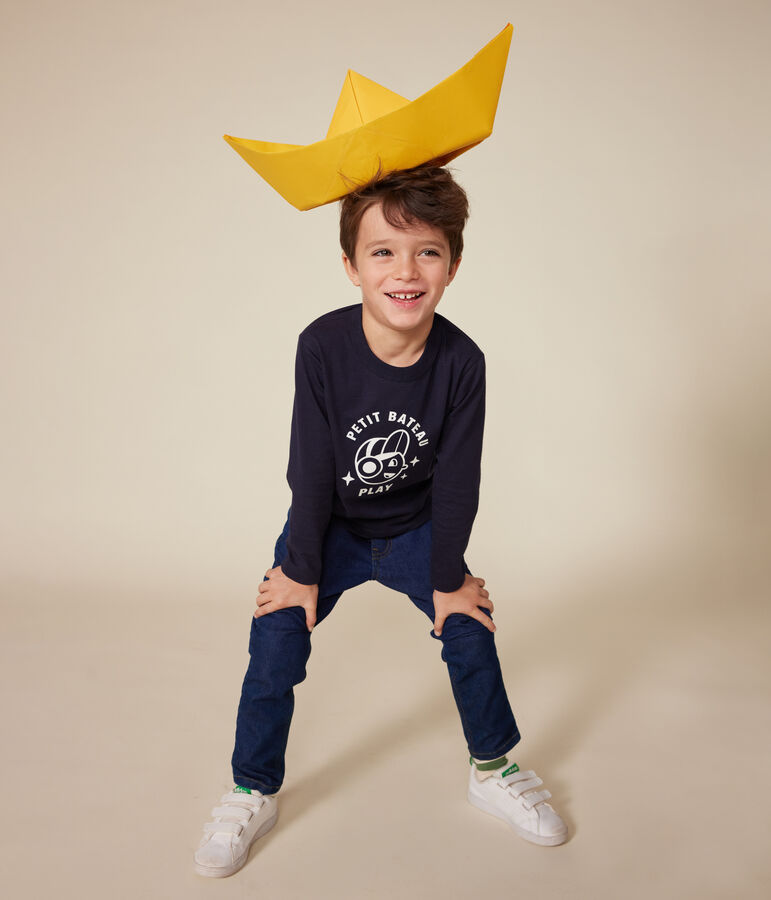 Camiseta de manga larga de punto fino para ni&ntilde;o azul