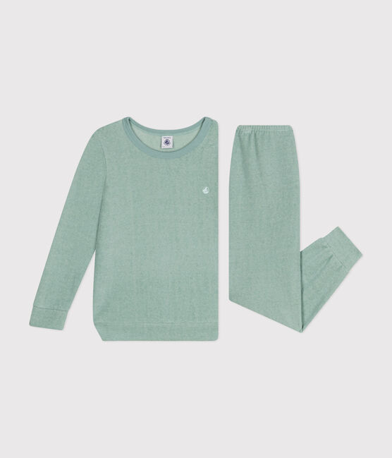 Pijama infantil liso de tejido de rizo cepillado verde PAUL
