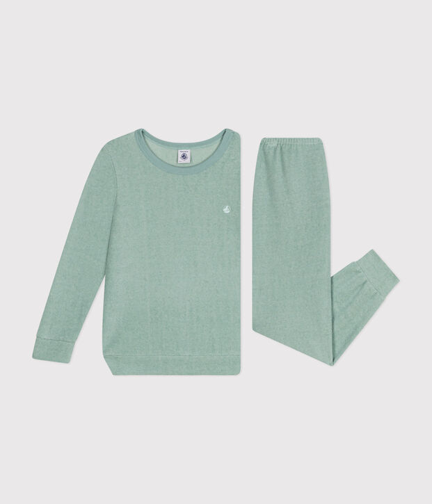 Pijama infantil liso de tejido de rizo cepillado verde