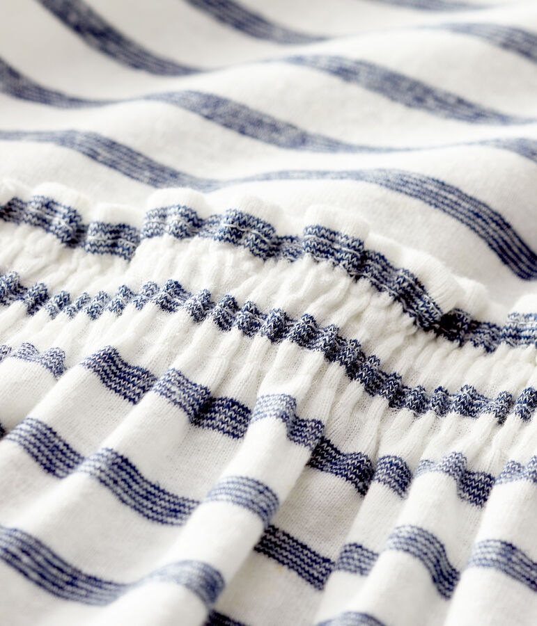 Vestido de manga corta de algod&oacute;n/lino de rayas de beb&eacute; ni&ntilde;a blanco MARSHMALLOW/azul MEDIEVAL