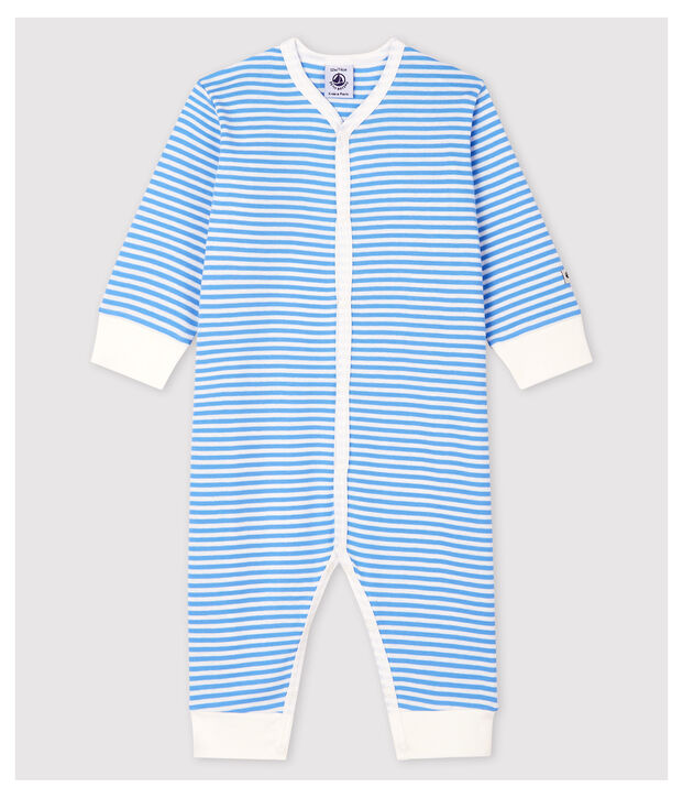 Pijama enterizo sin pies de rayas azules de algod&oacute;n de beb&eacute; azul/blanco