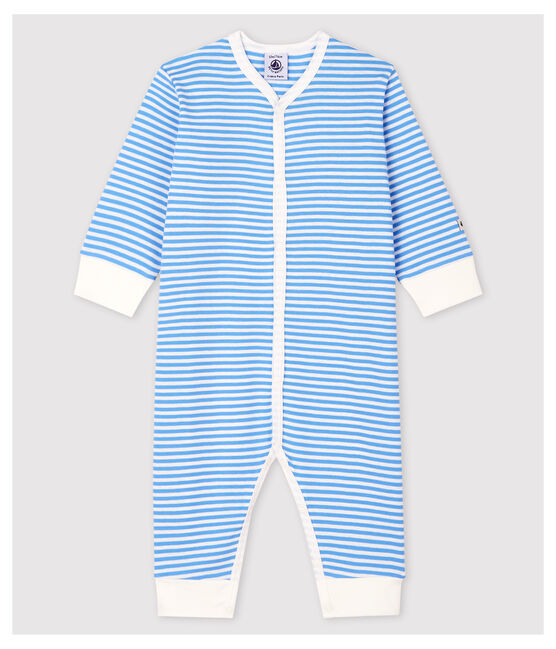 Pijama enterizo sin pies de rayas azules de algodón de bebé azul EDNA/blanco MARSHMALLOW