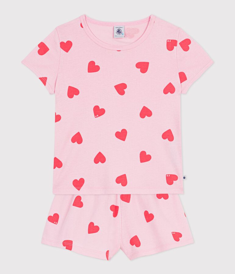 Pijama corto infantil de algod&oacute;n con estampado de corazones rosa/naranja