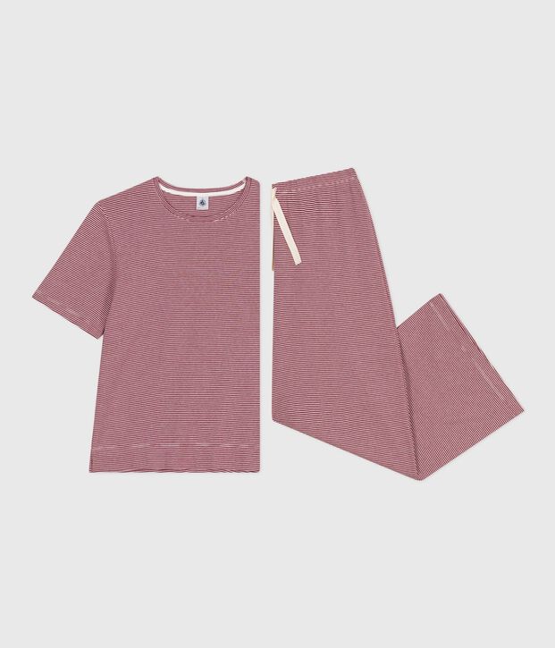 Pijama de manga corta y pernera ancha de algod&oacute;n a rayas para mujer rojo/blanco