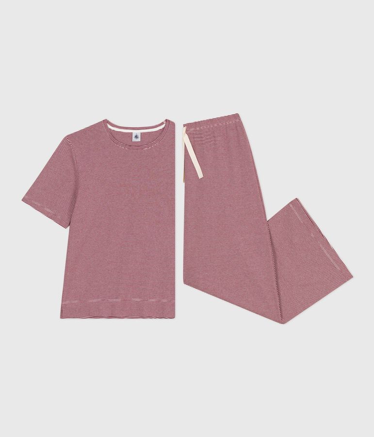 Pijama de manga corta y pernera ancha de algod&oacute;n a rayas para mujer rojo/blanco