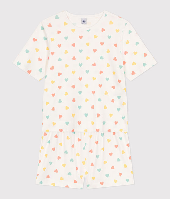 Pijama corto de algodón con estampado de corazones para mujer blanco MARSHMALLOW/blanco MULTICO