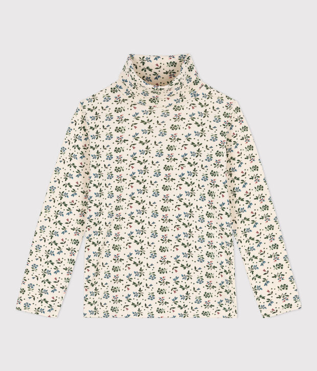 Camiseta de cuello alto de algod&oacute;n con estampado de flores para ni&ntilde;a crudo/verde/multicolor
