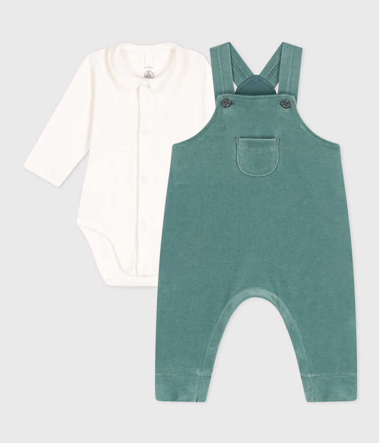 Conjunto de peto de terciopelo y body para beb&eacute; verde
