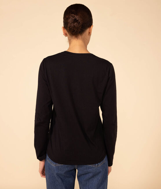 Camiseta LA RECTA de algodón con cuello de pico para mujer negro NOIR