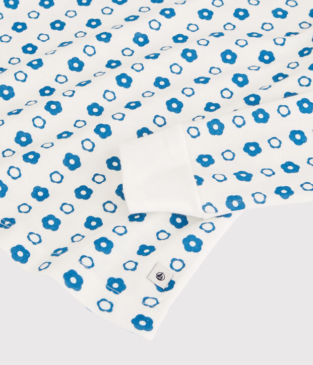 Pijama con estampado de flores gr&aacute;ficas de ni&ntilde;a/ni&ntilde;o de algod&oacute;n org&aacute;nico blanco/azul
