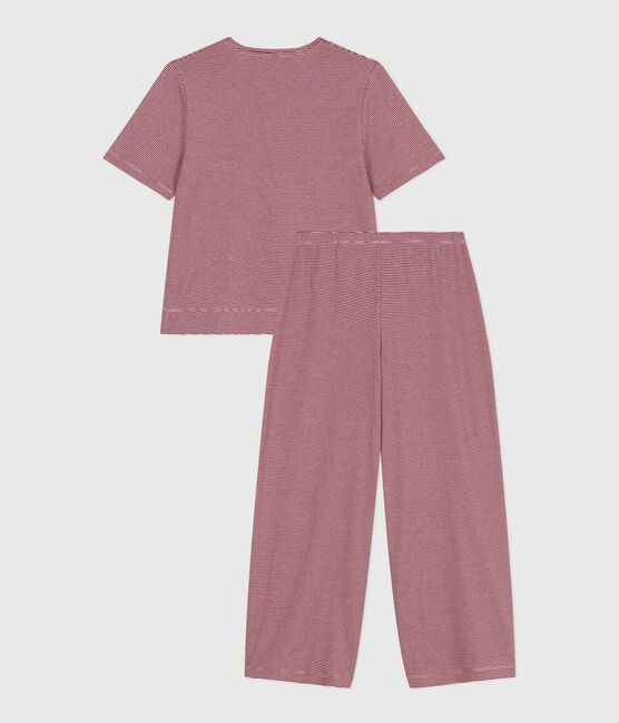 Pijama de manga corta y pernera ancha de algodón a rayas para mujer rojo AMARANTE/ MARSHMALLOW