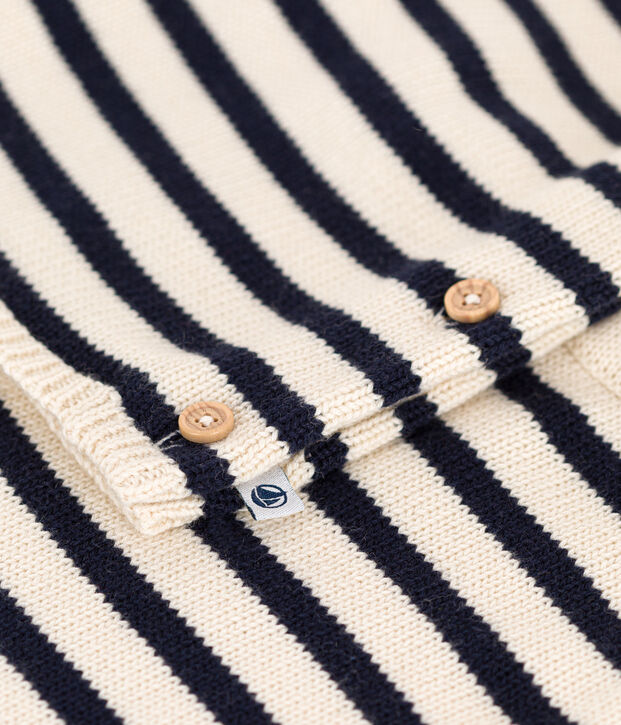 Conjunto de punto de lana y algod&oacute;n a rayas marineras para beb&eacute; crudo/azul