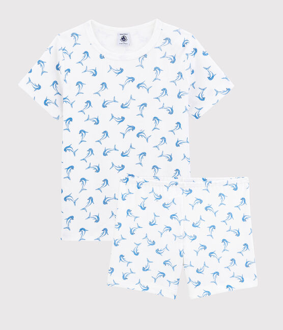 Pijama corto de niña/niño de algodón blanco MARSHMALLOW/azul BLEU