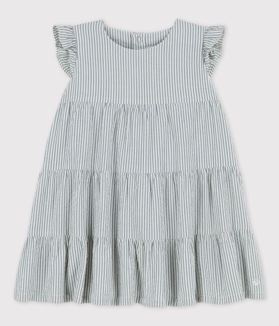 Vestido seersucker ecológico a rayas para bebé. azul BRUT/blanco MARSHMALLOW
