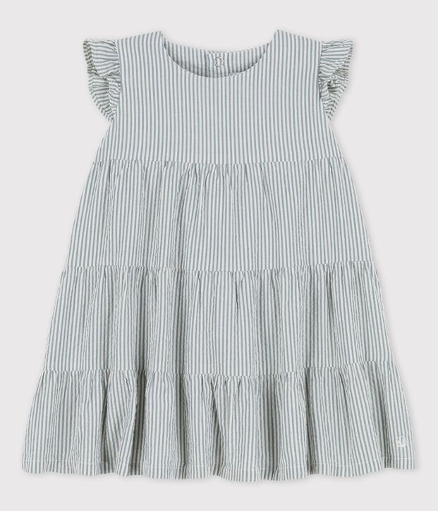 Vestido seersucker ecol&oacute;gico a rayas para beb&eacute;. verde/blanco