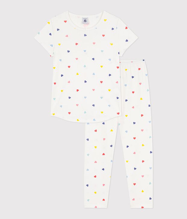 Pijama infantil de algod&oacute;n de manga corta y pierna larga con corazones blanco/multicolor