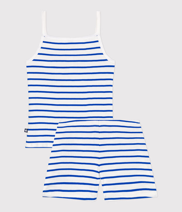 Pijama corto de algod&oacute;n de tirantes a rayas para mujer blanco/azul