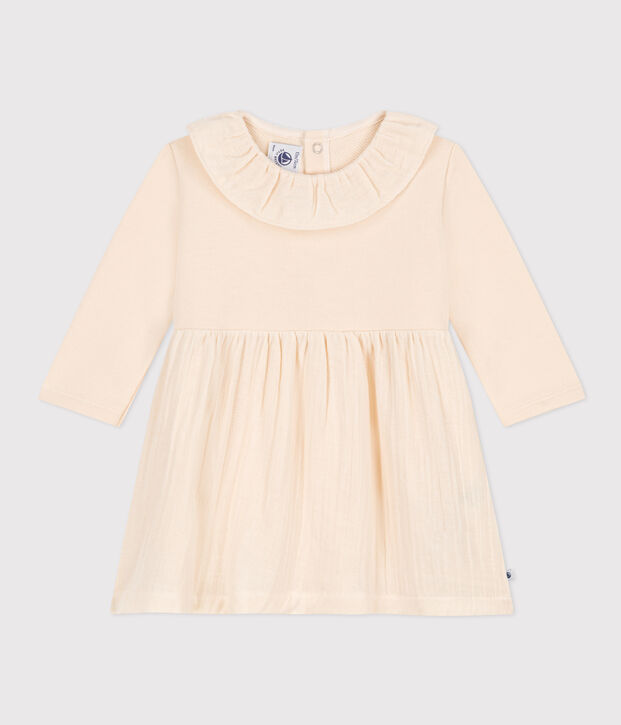 Vestido de dos materiales de manga larga de beb&eacute; crudo