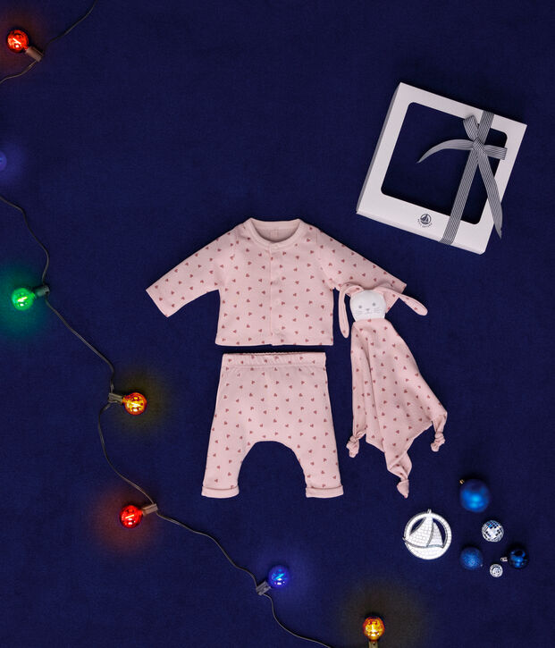 Estuche con conjunto de c&aacute;rdigan, pantal&oacute;n y doudou de algod&oacute;n para beb&eacute; rosa/rosa