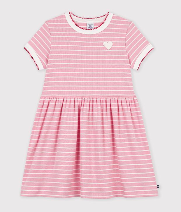 Vestido infantil de algod&oacute;n de manga corta a rayas rosa/blanco