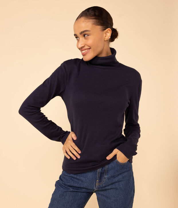 Camiseta LA RECTA de algod&oacute;n con cuello vuelto para mujer azul