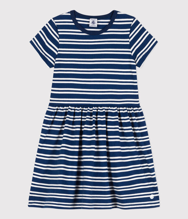 Vestido de manga corta de algod&oacute;n a rayas para ni&ntilde;a azul/blanco