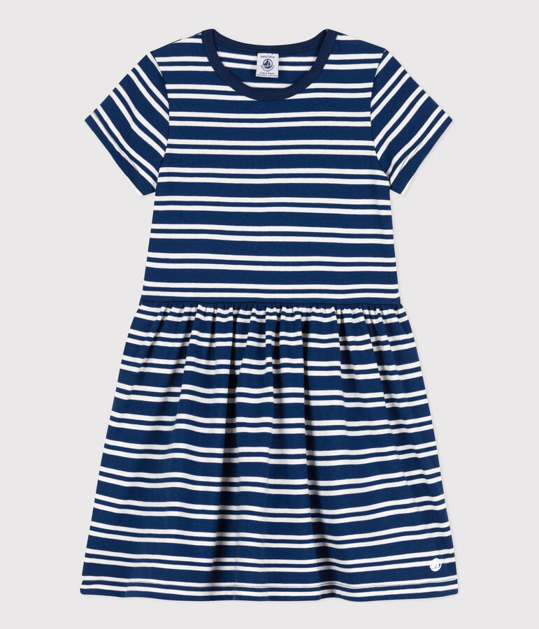 Vestido de manga corta de algod&oacute;n a rayas para ni&ntilde;a azul/blanco