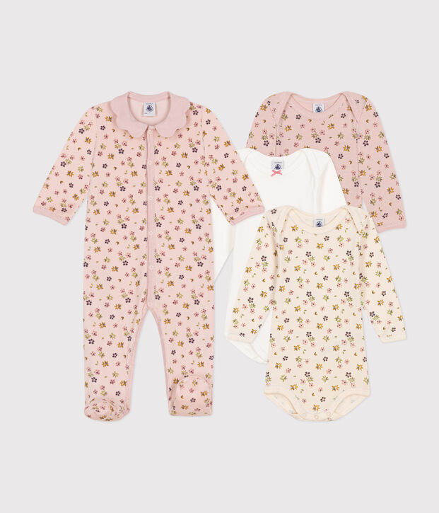 Caja con pijama y 3 bodis de flores para beb&eacute; multicolor