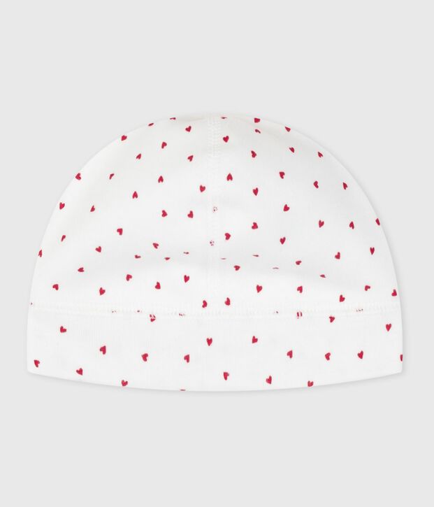Gorro de algod&oacute;n con estampado de corazones para reci&eacute;n nacido blanco/rojo