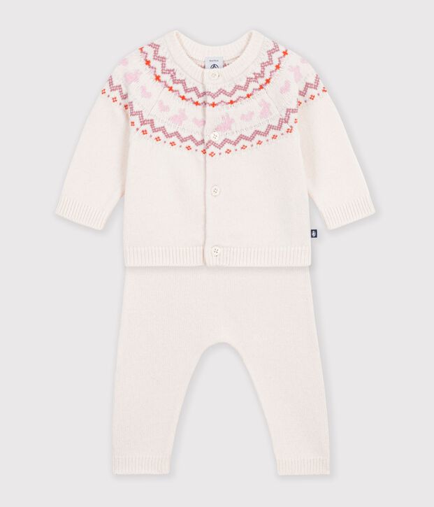 Conjunto de punto tricotado con estampado jacquard para beb&eacute; crudo/rosa