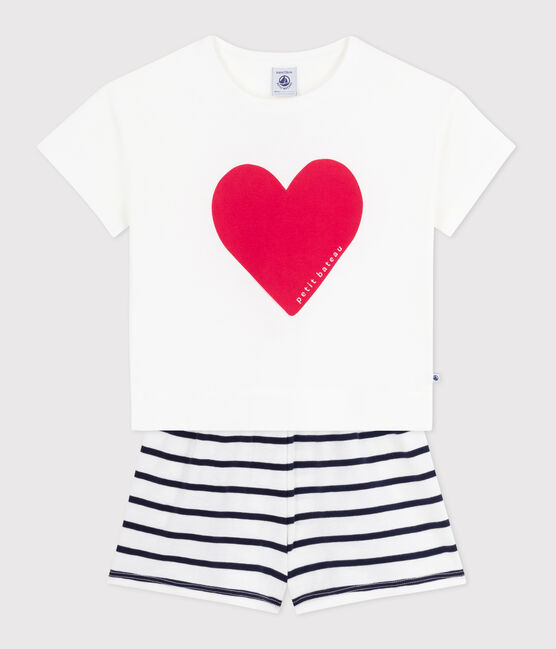 Pijama corto infantil de algodón con estampado de corazones blanco MARSHMALLOW/azul SMOKING