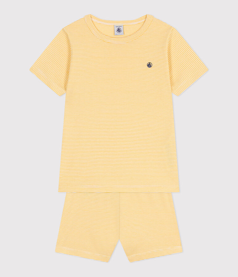 Pijama infantil corto de algod&oacute;n a rayas amarillo/blanco