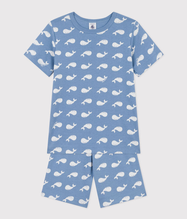 Pijama corto infantil de algod&oacute;n con estampado de ballena azul/blanco