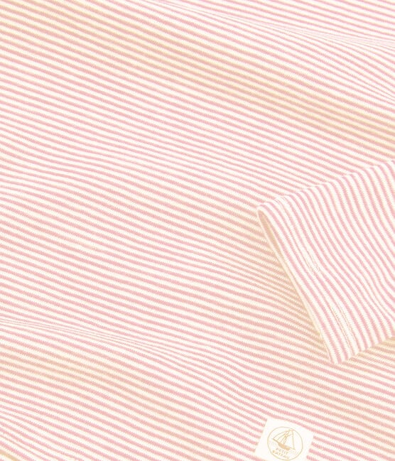 Camiseta infantil de manga larga de lana y algodón mil rayas para niña pequeña rosa CHARME/blanco MARSHMALLOW