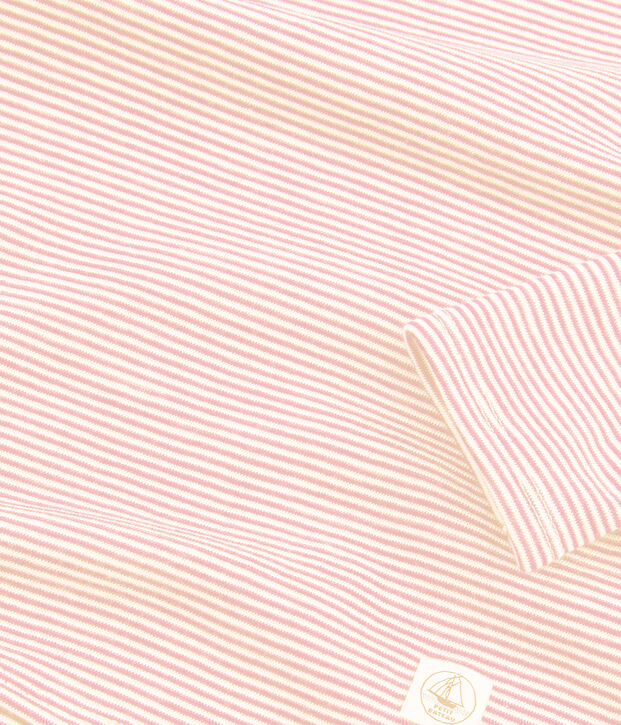 Camiseta de manga larga milrayas de ni&ntilde;a de lana y algod&oacute;n rosa/blanco