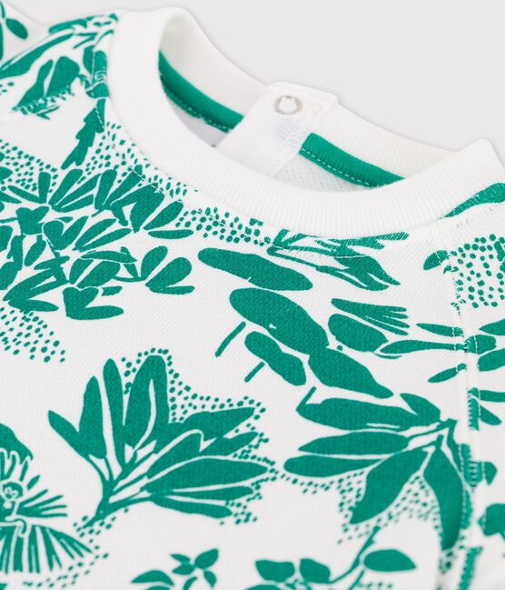 Sudadera con estampado vegetal de muletón de bebé blanco MARSHMALLOW/verde GAZON