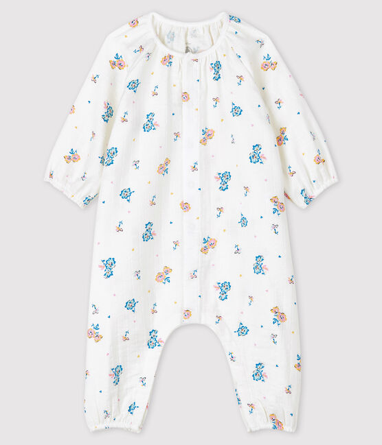 Mono largo con estampado de flores para bebé niña de tejido de pañal blanco MARSHMALLOW/blanco MULTICO