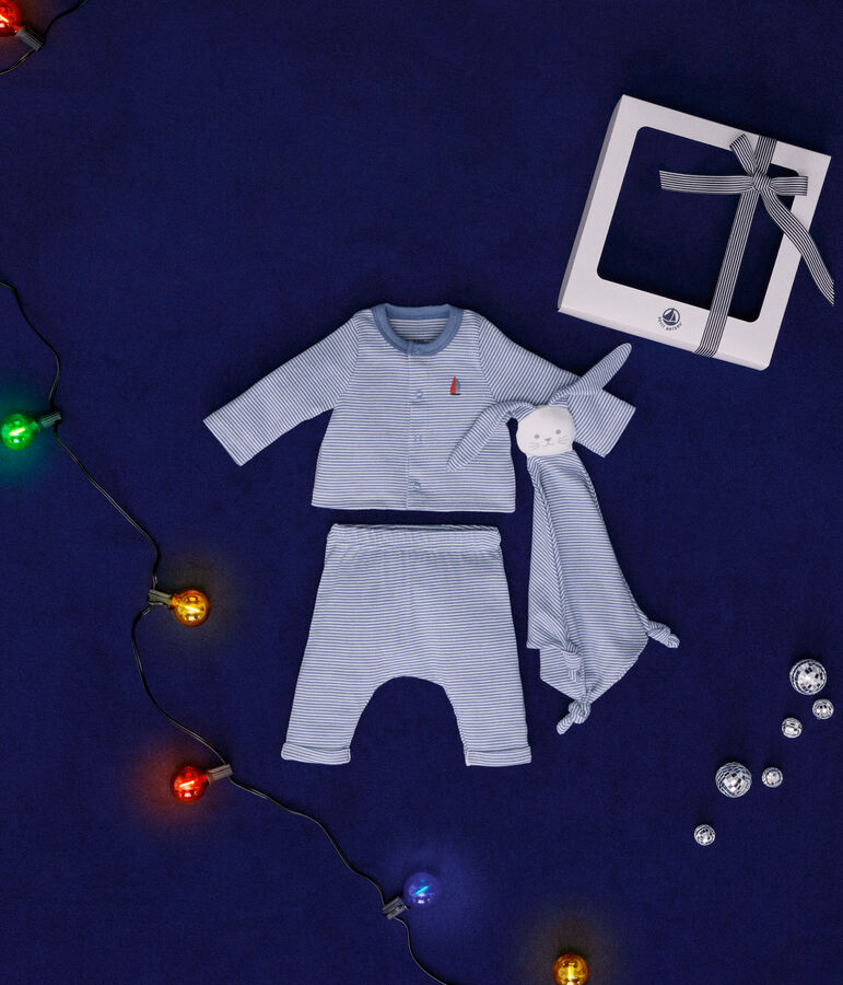 Estuche con conjunto de 3 piezas de algod&oacute;n para beb&eacute; azul/blanco