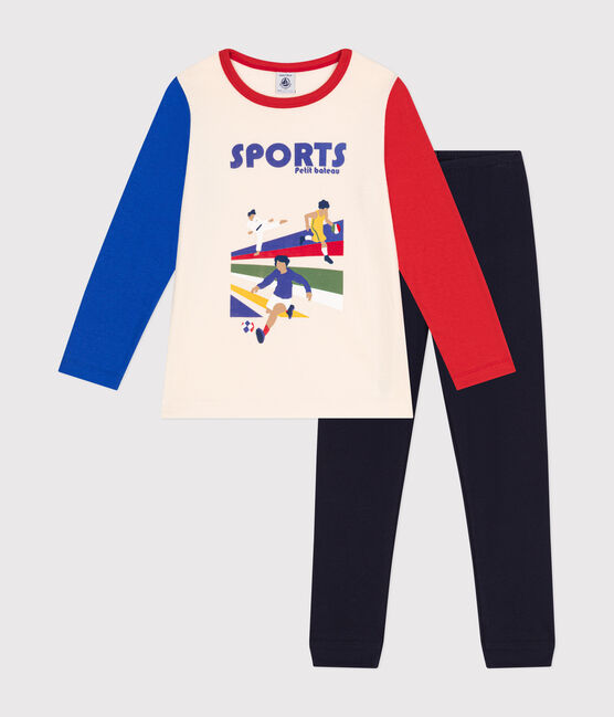 Pijama infantil liso de algodón con motivo deportivo azul SMOKING/blanco MULTICO