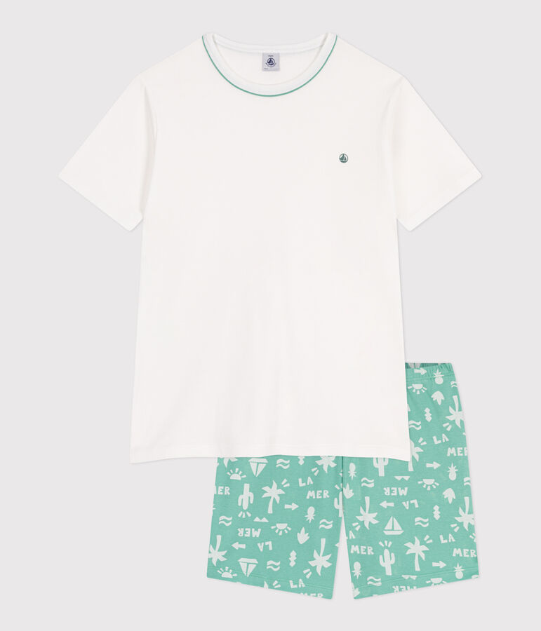 Pijama corto infantil de algod&oacute;n blanco/verde